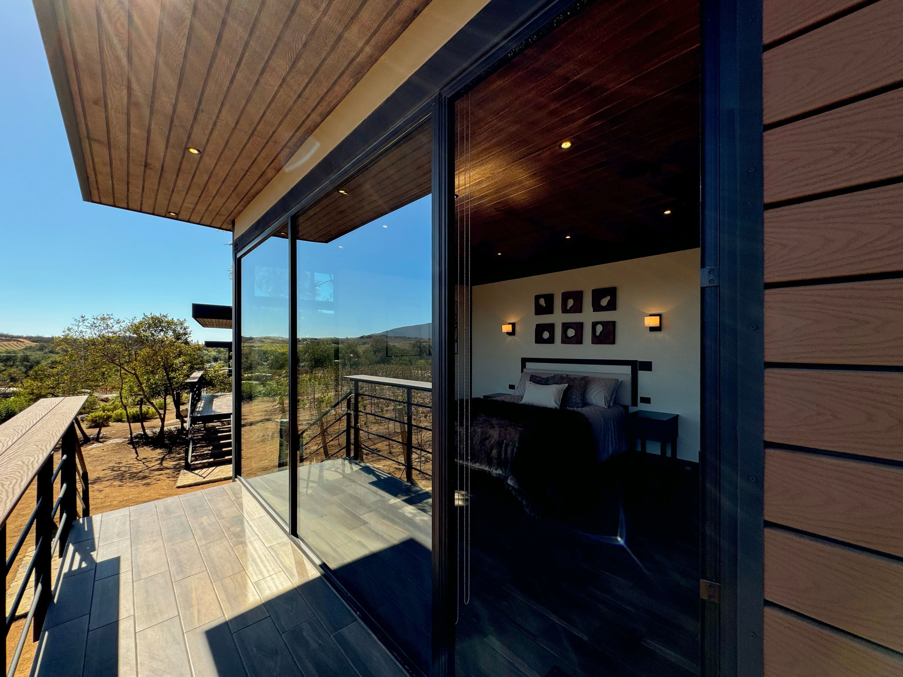 Modern cabin interior with glass walls